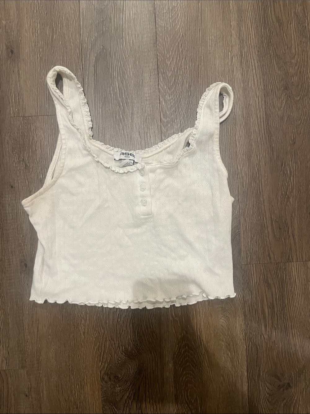 RSQ Cream Ribbed Lace-Trim Cropped Tank